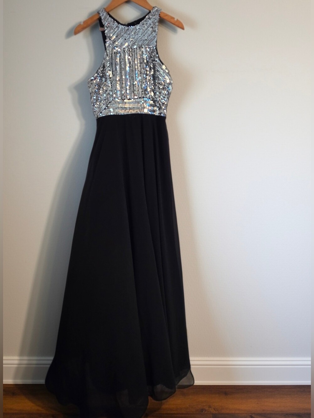 Black Maxi  Dress with Silver Sequin High-Neck Bodice
